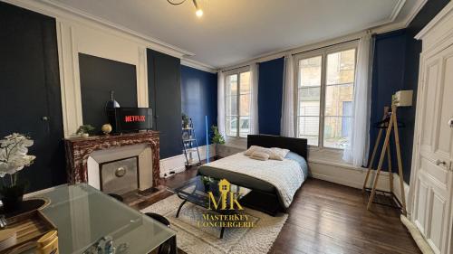 a living room with a bed and a fireplace at Le Bleuet Boulevard de la Rochelle, centre-ville in Bar-le-Duc