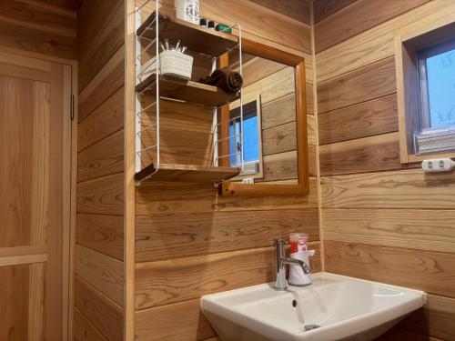 a bathroom with wooden walls and a sink and a mirror at 杜の酵素808 in Takaharu