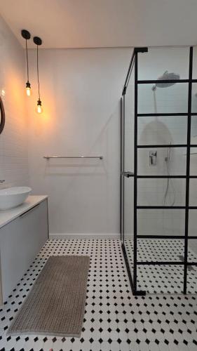 a bathroom with a shower with a sink and a toilet at NamibStay Swakop Self Catering in Swakopmund