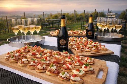 a table topped with pizzas and glasses of wine at Rooms Bolfan Vinski Vrh in Hrašćina