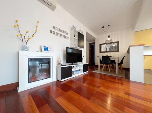 a living room with a fireplace and a tv at Apartamento Monte Perdido in Boltaña