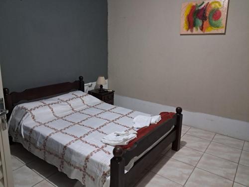 a bedroom with a bed and a painting on the wall at Básico e funcional, com 2 ambientes, sem fogão, com garagem, zona nobre in Pelotas