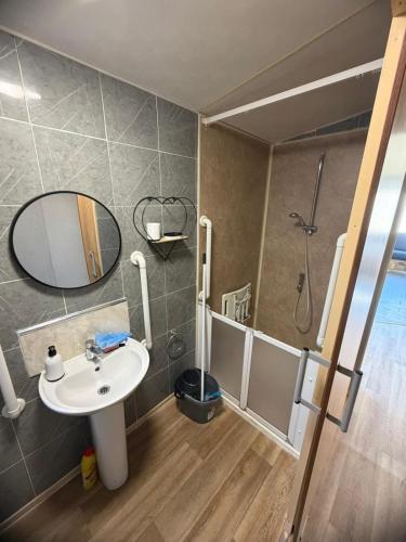 a bathroom with a sink and a shower at Accessible and dog friendly caravan in Ingoldmells