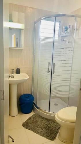 a bathroom with a shower and a toilet and a sink at Apartment in a comfortable and quiet area in Pantoja