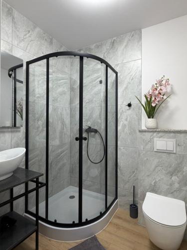 ein Badezimmer mit Dusche, Toilette und Waschbecken in der Unterkunft Jesion in Inowrocław