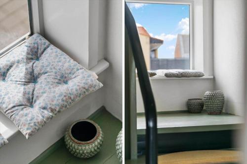 two pictures of a window with a pillow and vases at 717-Thyboron-Jernbanegade-3 in Thyborøn