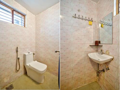 two pictures of a bathroom with a toilet and a sink at Anjuna Beach House in Anjuna