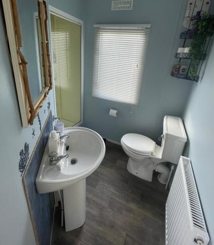 a bathroom with a white toilet and a sink at The Dean's on the Edge in Heysham