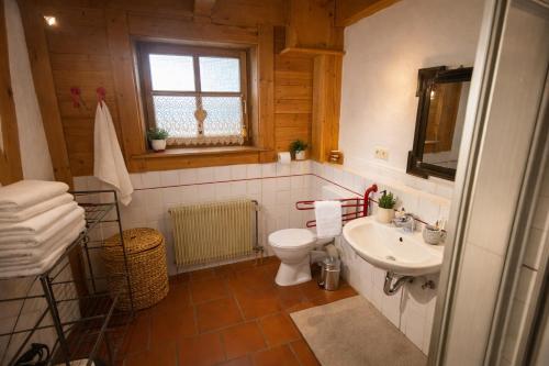 a bathroom with a toilet and a sink at Gibbesbachhof Black Forest Apartments in Triberg