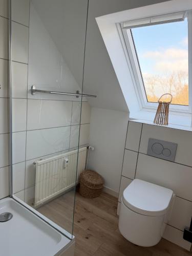a bathroom with a toilet and a window at Deich Winde 9.1 in Dorum-Neufeld