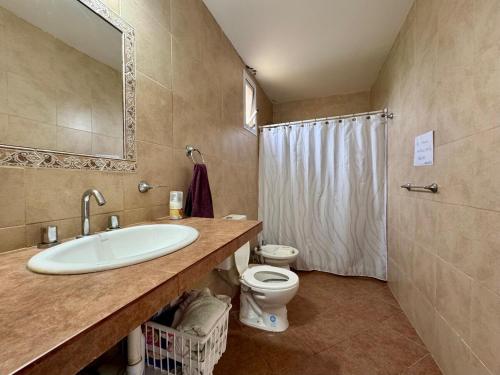 a bathroom with a sink and a toilet at Casa con pileta cerca de Salta in Salta
