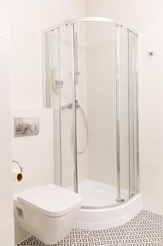 a white bathroom with a shower and a toilet at Hotel Dwór Sójki in Sójki