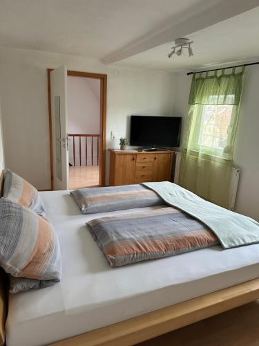 a bedroom with a large bed and a television at Steinlachquartier in Dußlingen