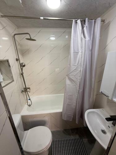 a bathroom with a toilet and a tub and a sink at Guest house Homely in Dushanbe
