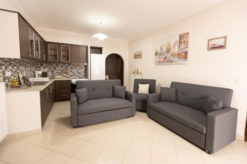 a living room with two couches and a kitchen at Nikorina apts in Lefkada