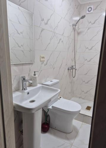 a white bathroom with a sink and a toilet at Guest House Aspindza in Aspindza