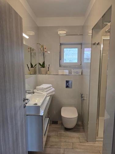 a white bathroom with a toilet and a sink at Apartment Villa Franci Pag with heating and open all year in Pag