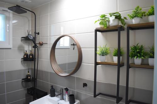 a bathroom with a mirror and plants on the wall at RoseBrickHouse in Gwangju