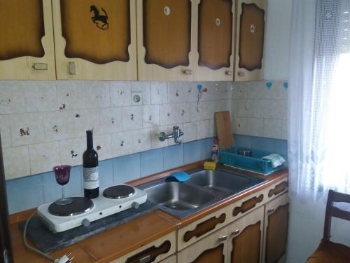 a kitchen with a sink and a bottle of wine at Traianov most in Kladovo