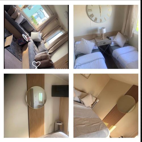 a collage of four pictures of a room at Sundaes caravan rental in Kinmel Bay