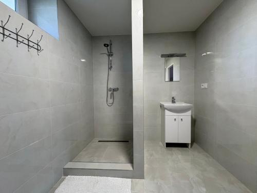 a bathroom with a shower and a sink at Apartmány Veselka in Oslnovice