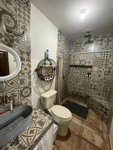 a bathroom with a toilet and a sink and a shower at Finca El Fraile in Monterrey