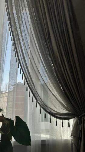 a window with a curtain and a plant in a room at Алия in Tossor