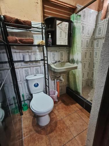 a bathroom with a toilet and a sink at Casas de Qlí in Santiago Atitlán
