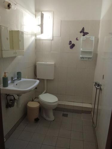a bathroom with a toilet and a sink at Labyrinthos Apartments in Ierissos