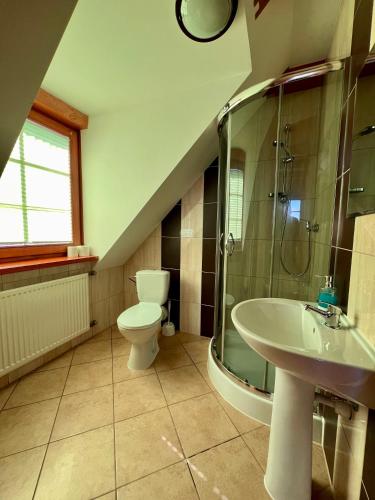 a bathroom with a shower and a toilet and a sink at GAMP Paweł Sawicki in Kleszczele
