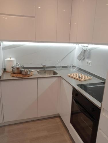a white kitchen with a sink and a stove at Apartamentos Antuña in Cangas de Onís