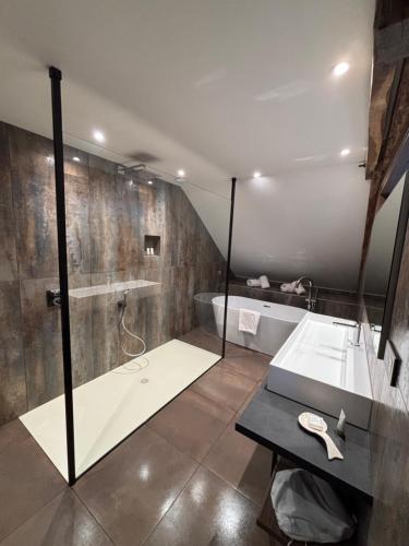 ein Badezimmer mit Dusche, Waschbecken und Badewanne in der Unterkunft Lintemporel in Cuzance