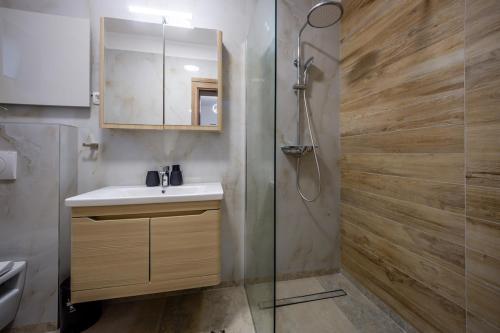 a bathroom with a sink and a shower at Villa Azure Luxe in Škaljari
