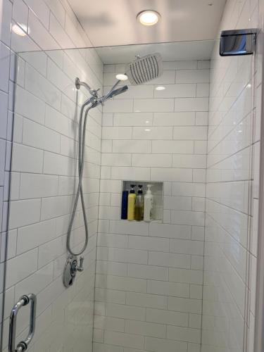 a shower with a shower head in a bathroom at Boston Historic Lower Mills in Boston