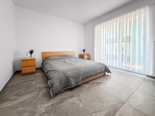 a bedroom with a bed and a large window at Appartamento Rivamaggia Locarno in Solduno