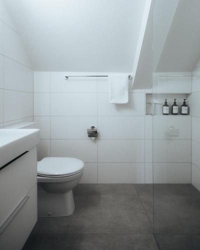a white bathroom with a toilet and a sink at LaVida LakeSoul Cozy Retreat in Murten am See & Altstadt, free parking in Murten