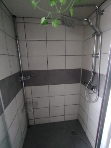 a bathroom with a shower with white tiles at ''Le Nid du Forez'' appartement 2 chambres , parking gratuit ,terrasse privative in Prétieux