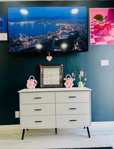 a room with a dresser with a tv on the wall at Fancy Studio Private Entrance in Selden