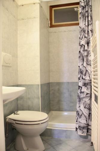 a bathroom with a toilet and a shower curtain at Hotel Luina in Stresa