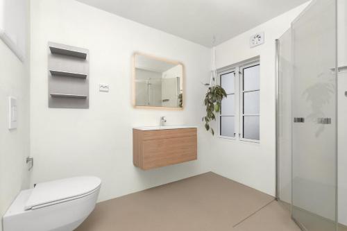 a bathroom with a toilet and a sink and a mirror at Central Apartment - Calm - No traffic in Stavanger