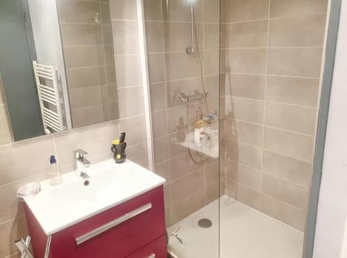 a bathroom with a shower and a sink and a toilet at Ty arvor in Saint-Pol-de-Léon