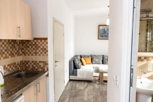 a kitchen and a living room with a couch at Apartments Cota Guesthouse in Ulcinj