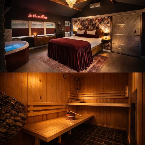 a hotel room with a bed and a tub at Wellness Tuin - Boudoir Suite - Ultieme Partner Beleving - Indoor Jacuzzi en Openhaard en privé Sauna - in Romantische stijl - Gratis Fles Prosecco & Leuke Partner connect box ! in Horst