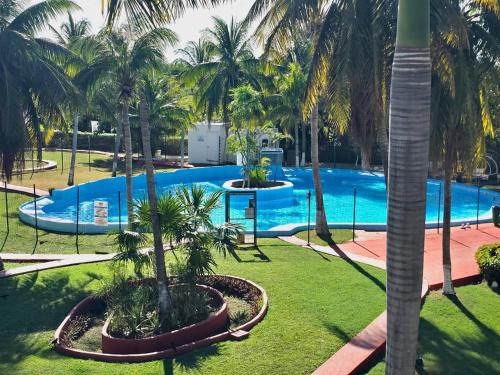 a pool with palm trees in a resort at Nirvana Hotel - Cancun Hotel Zone in Cancún