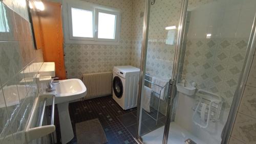 a bathroom with a shower and a sink and a washing machine at Les Collines de Compreignac in Compreignac