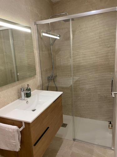 a bathroom with a sink and a shower at Cosy studio with garden in Chevry