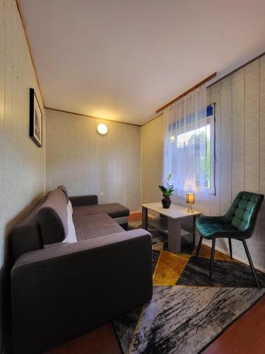 a living room with a couch and a chair at Domek Jabłoniowy in Małe Leżno