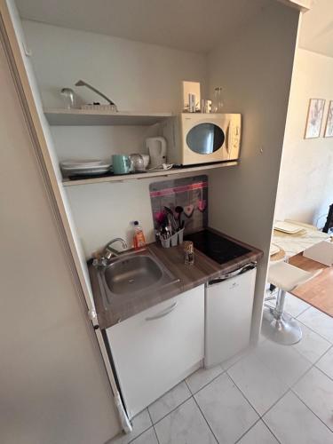 a small kitchen with a sink and a microwave at Nid Dor avec Parking in Carquefou