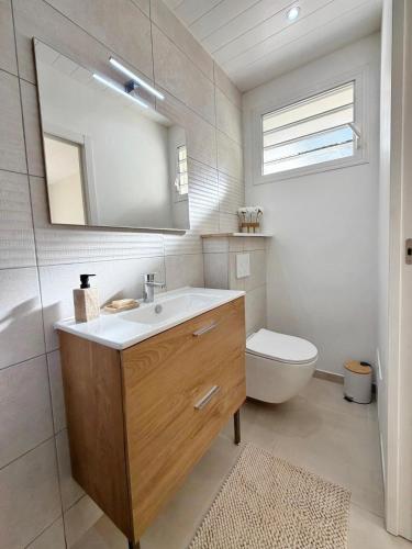 a bathroom with a sink and a toilet and a mirror at Le Cocon du Cos in Ducos