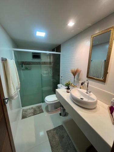 a bathroom with a sink and a toilet and a shower at Apartamento Charmoso e Tranquilo para sua Estadia in Vargem Alta